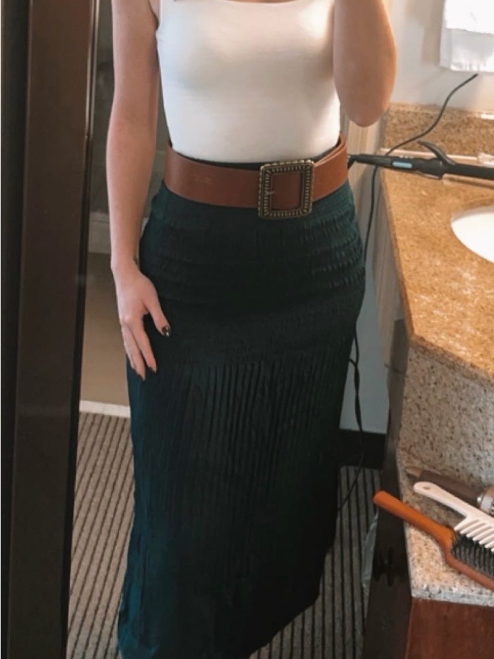 Olivaceous Dark Green Pleated Maxi Skirt with Brown Belt